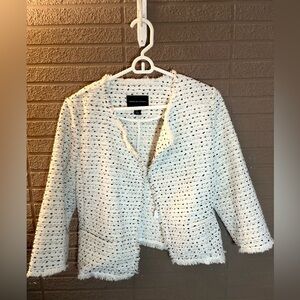 Adrienne Vittadini Ivory Tweed Fringed Open-Front Jacket